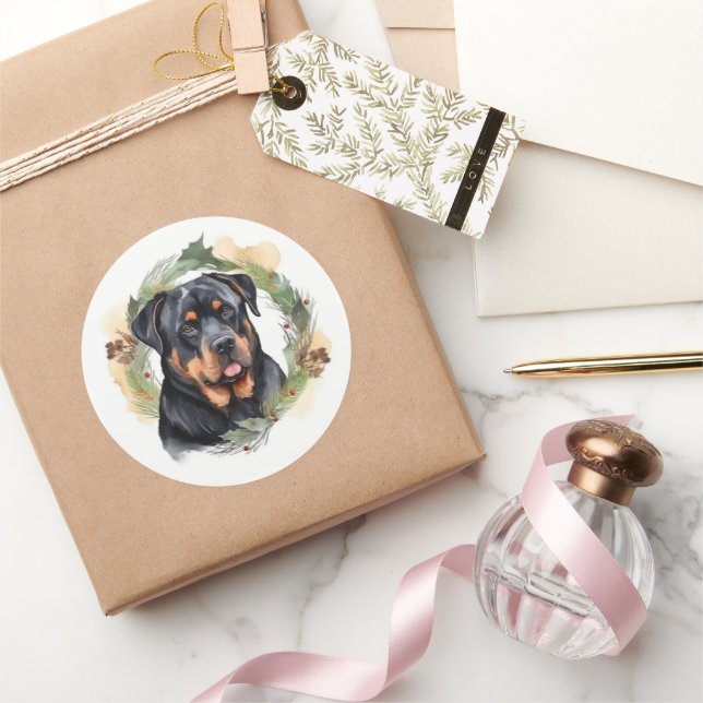 Rottweiler Christmas Wreath Festive Pup Classic Round Sticker (Gifting)