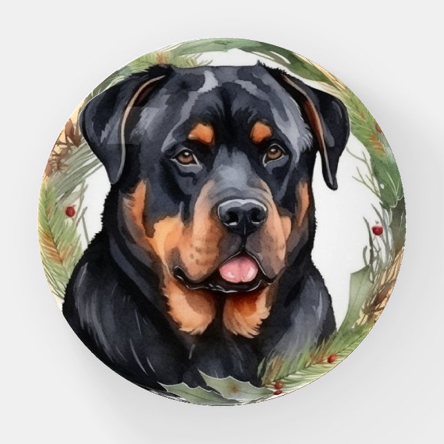 Rottweiler Christmas Wreath Festive Pup Paperweight (Front)