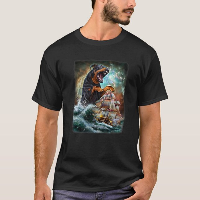 Rottweiler Dog As Kraken Attack A War Ship At High T-Shirt (Front)