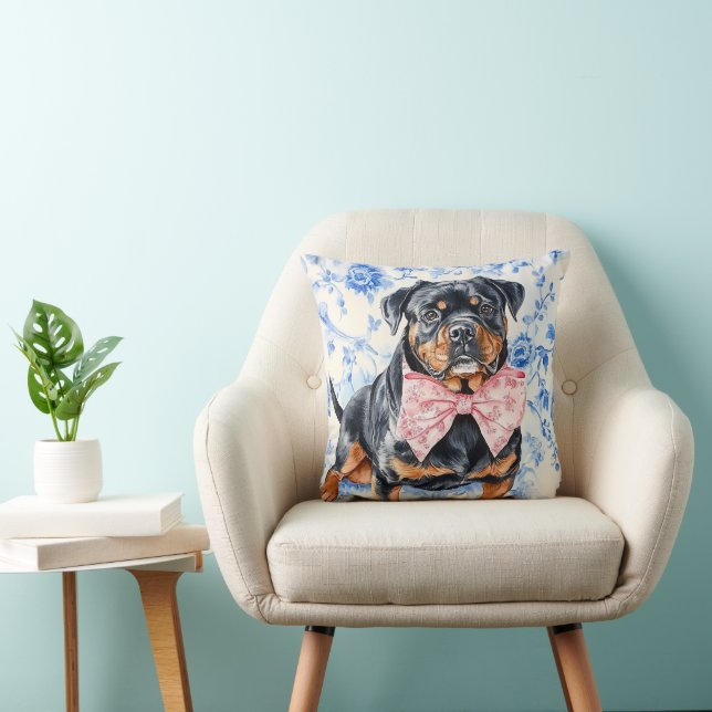 Rottweiler Dog Blue Toile Throw Pillow (Chair)