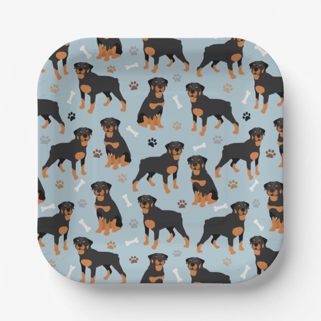 Rottweiler Dog Bones and Paws Paper Plates (Front)