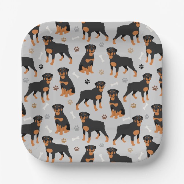 Rottweiler Dog Bones and Paws Paper Plates (Front)