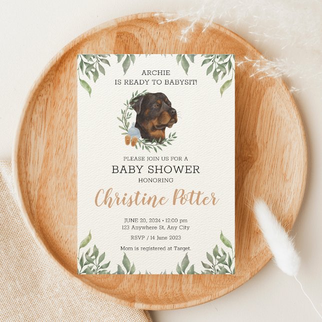 Rottweiler Dog Boy Boho Greenery Baby Shower Invitation (Creator Uploaded)