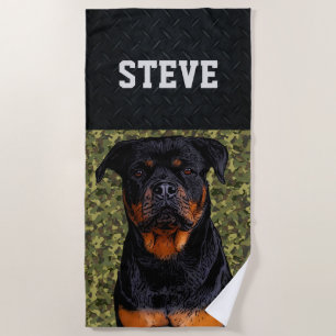 Rottweiler Dog Camo Animal Name Cool Rugged Puppy Beach Towel