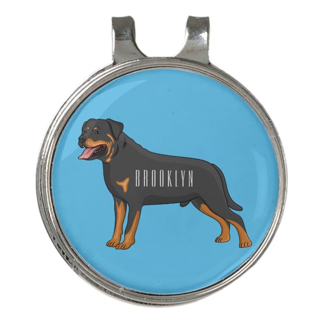 Rottweiler dog cartoon illustration  golf hat clip (Front)