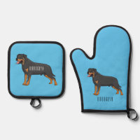 Rottweiler dog cartoon illustration oven mitt & pot holder set