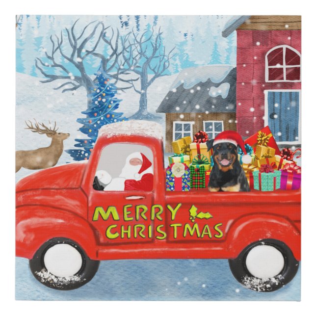 Rottweiler Dog Christmas Delivery Truck Snow Faux Canvas Print (Front)