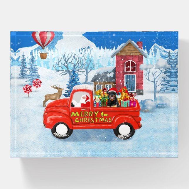 Rottweiler Dog Christmas Delivery Truck Snow  Paperweight (Front)
