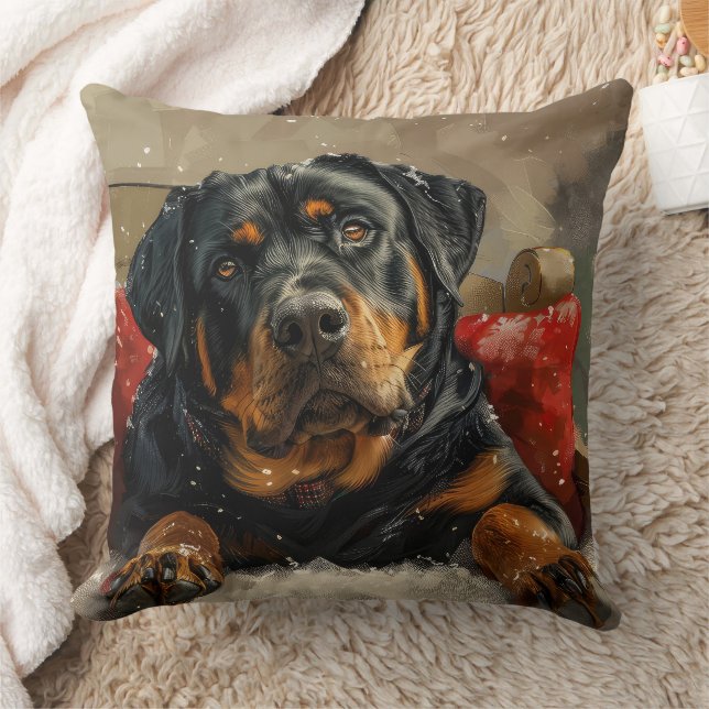 Rottweiler Dog Christmas Festive  Throw Pillow (Blanket)