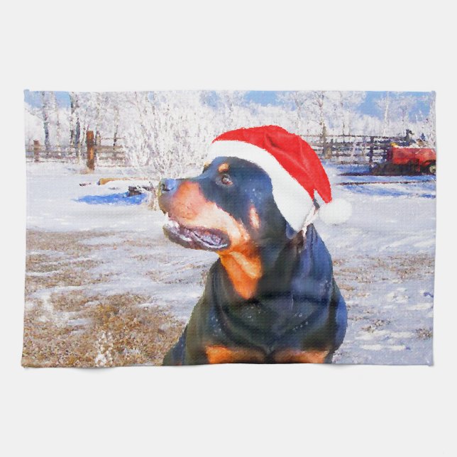 Rottweiler Dog Christmas Painting Kitchen Towel (Horizontal)