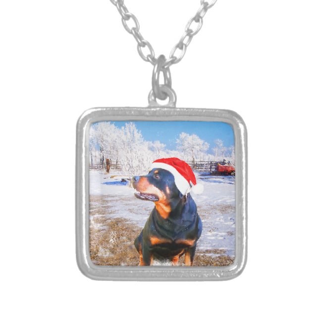 Rottweiler Dog Christmas Painting Silver Plated Necklace (Front)