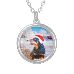 Rottweiler Dog Christmas Painting Silver Plated Necklace