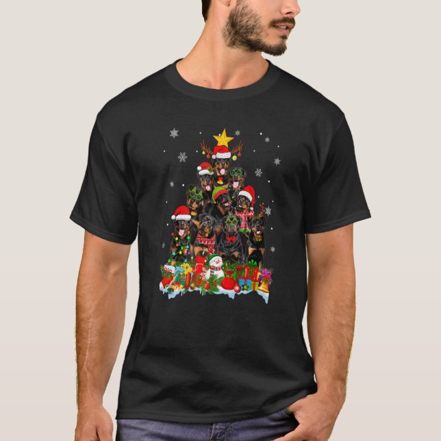 Rottweiler Dog Christmas Tree Lights Xmas Santa Ha T-Shirt (Front)