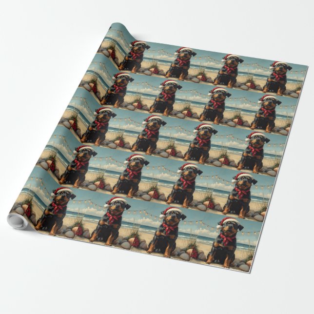 Rottweiler Dog Christmas Vintage Beach  Wrapping Paper (Unrolled)