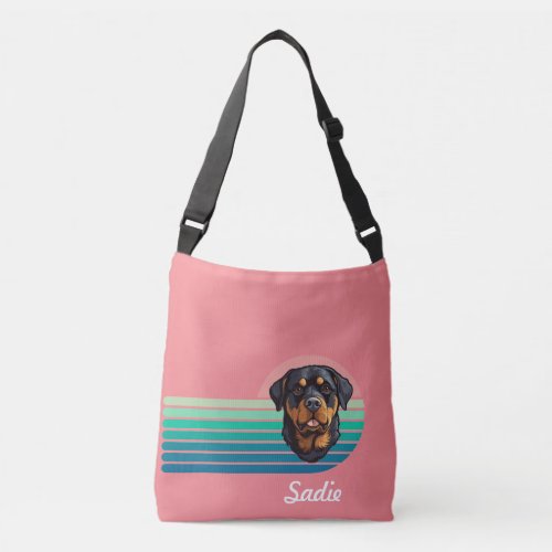 Rottweiler Dog Custom Name Retro Stripe Crossbody Bag