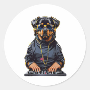 rottweiler Dog Dj with turntables and headphones   Classic Round Sticker