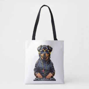 rottweiler Dog Dj with turntables and headphones   Tote Bag