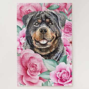 Rottweiler Dog Face Watercolor Drawing Pink Rose Jigsaw Puzzle by petcherishedangels at Zazzle