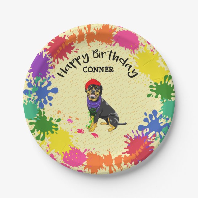 Rottweiler Dog Fun Paint Splash Art Party     Paper Plates (Front)