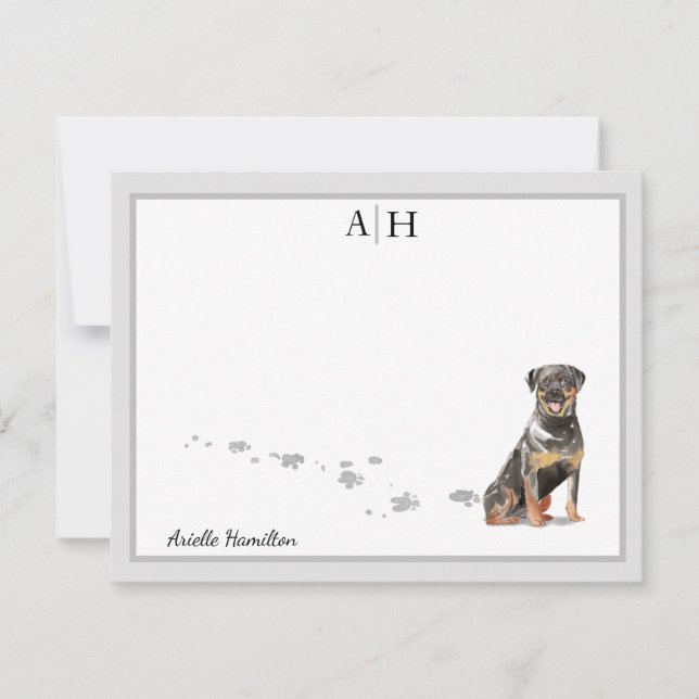 Rottweiler Dog Gray Border Monogram Personalized Note Card (Front)