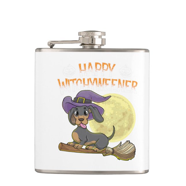 Rottweiler Dog Happy Halloween Witches Flask (Front)