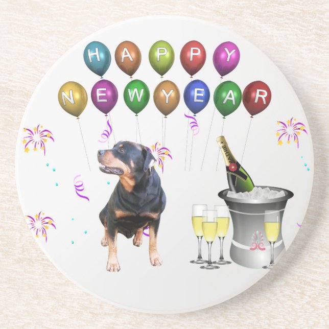 Rottweiler Dog Happy New Year Drink Coaster (Front)