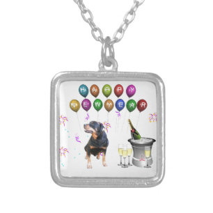 Rottweiler Dog Happy New Year Silver Plated Necklace