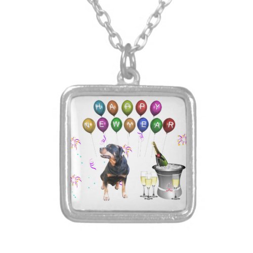 Rottweiler Dog Happy New Year Silver Plated Necklace