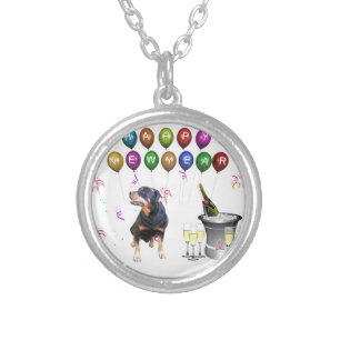 Rottweiler Dog Happy New Year Silver Plated Necklace