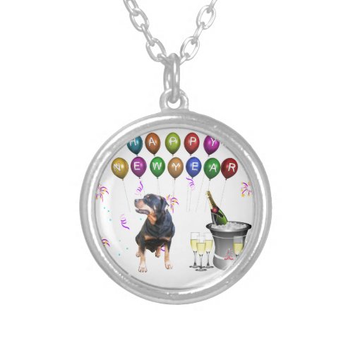 Rottweiler Dog Happy New Year Silver Plated Necklace