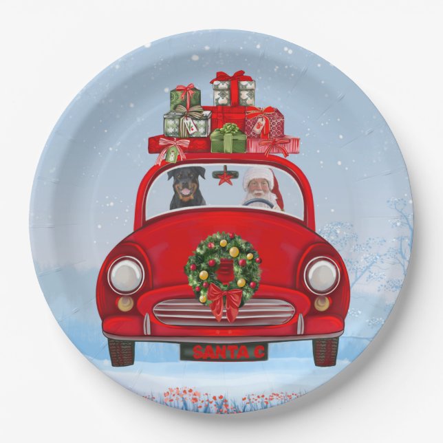 Rottweiler Dog In Car With Santa Claus Paper Plates (Front)