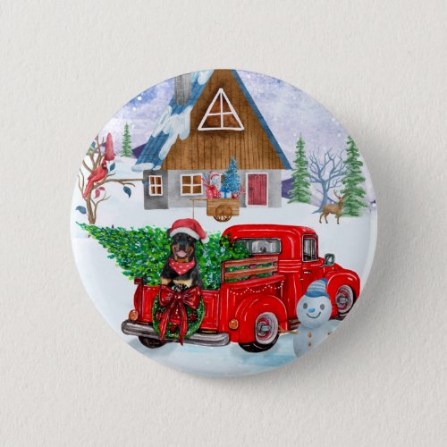Rottweiler Dog In Christmas Delivery Truck Snow Button