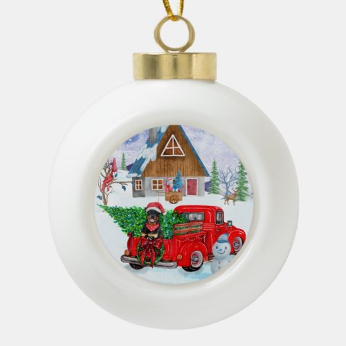 Rottweiler Dog In Christmas Delivery Truck Snow Ceramic Ball Christmas Ornament