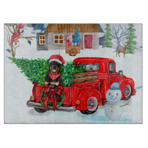 Rottweiler Dog In Christmas Delivery Truck Snow Cutting Board