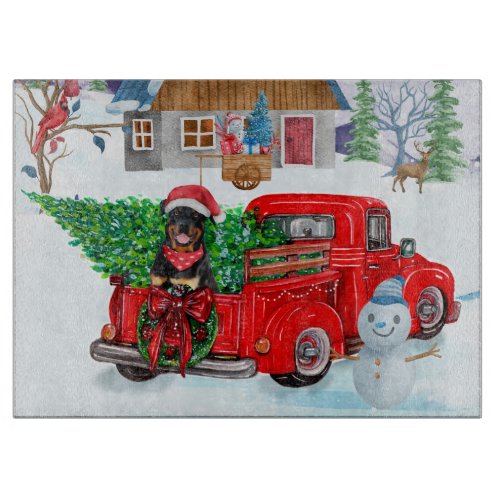 Rottweiler Dog In Christmas Delivery Truck Snow Cutting Board