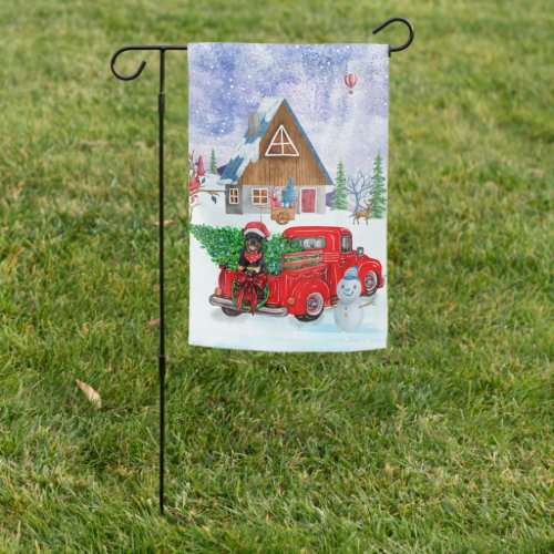 Rottweiler Dog In Christmas Delivery Truck Snow Garden Flag