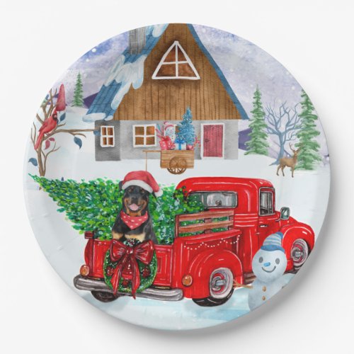 Rottweiler Dog In Christmas Delivery Truck Snow Paper Plates