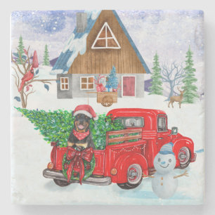 Rottweiler Dog In Christmas Delivery Truck Snow Stone Coaster