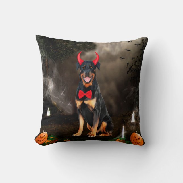 Rottweiler Dog in Halloween Costume Throw Pillow (Front)