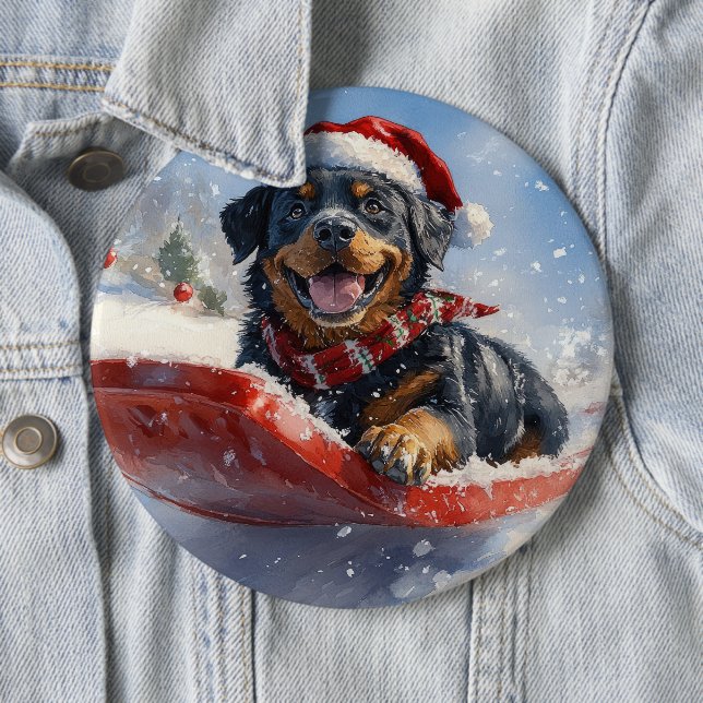 Rottweiler Dog in Sledge Let it Snow Christmas Button (In Situ)