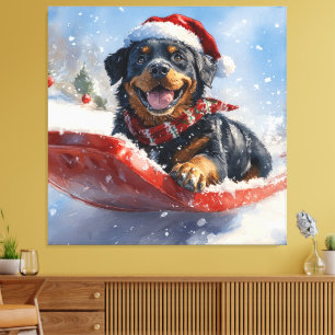 Rottweiler Dog in Sledge Let it Snow Christmas Canvas Print