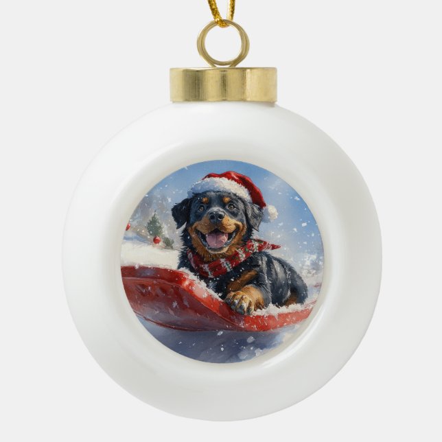 Rottweiler Dog in Sledge Let it Snow Christmas Ceramic Ball Christmas Ornament (Front)
