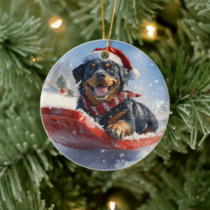 Rottweiler Dog in Sledge Let it Snow Christmas Ceramic Ornament