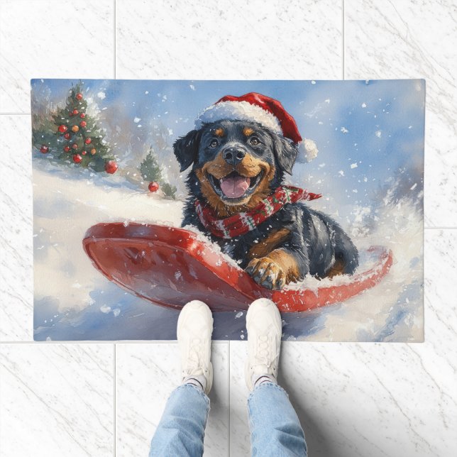 Rottweiler Dog in Sledge Let it Snow Christmas Doormat (Indoor)