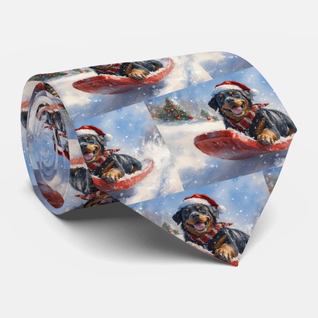 Rottweiler Dog in Sledge Let it Snow Christmas Neck Tie (Rolled)