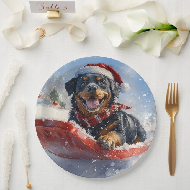 Rottweiler Dog in Sledge Let it Snow Christmas Paper Plates (Wedding)