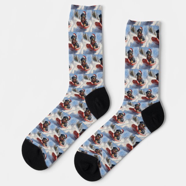 Rottweiler Dog in Sledge Let it Snow Christmas Socks (Left)
