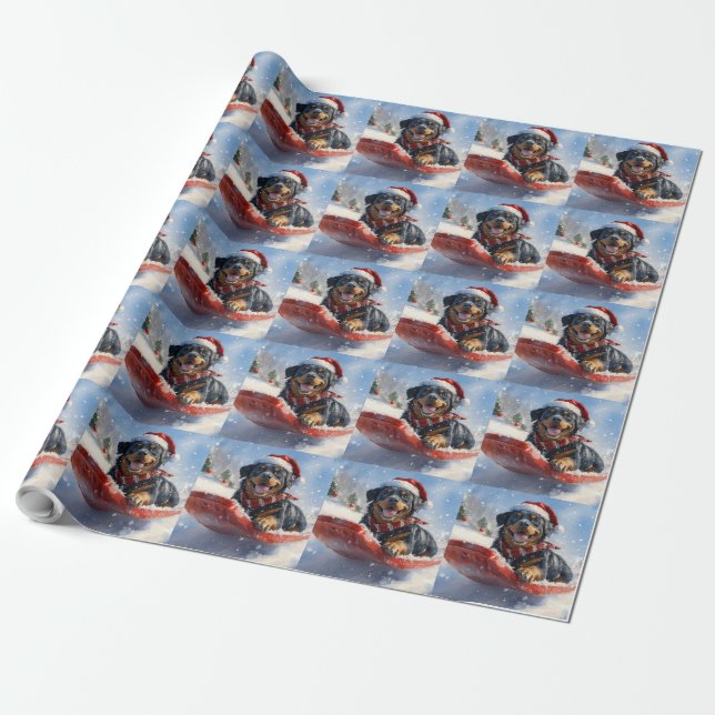 Rottweiler Dog in Sledge Let it Snow Christmas Wrapping Paper (Unrolled)