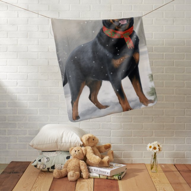 Rottweiler Dog in Snow Christmas Baby Blanket (In Situ)