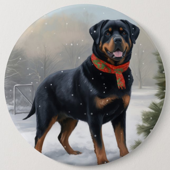 Rottweiler Dog in Snow Christmas Button (Front)